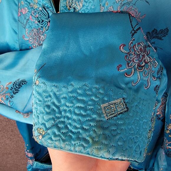 Vtg Peony Chinese Silk-Like Jacket Womens Small Blue Embroidered Mandarin Collar - Picture 11 of 12